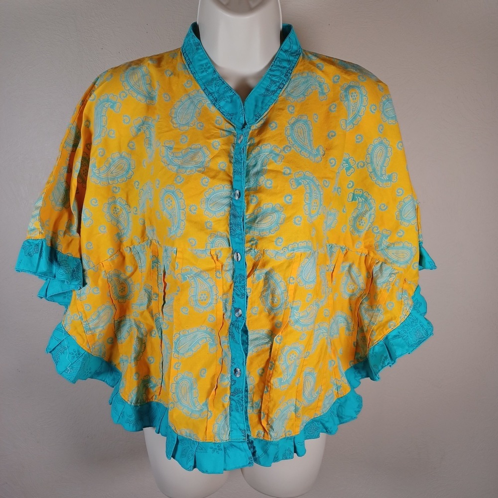 Vintage Handmade‎ Paisley Circle Shawl Ruffles Fitted Button Front Quirky Retro